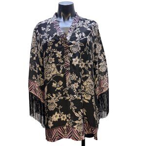 Johnny Was Black Floral Kimono Blouse With Fringe & Button Closure M